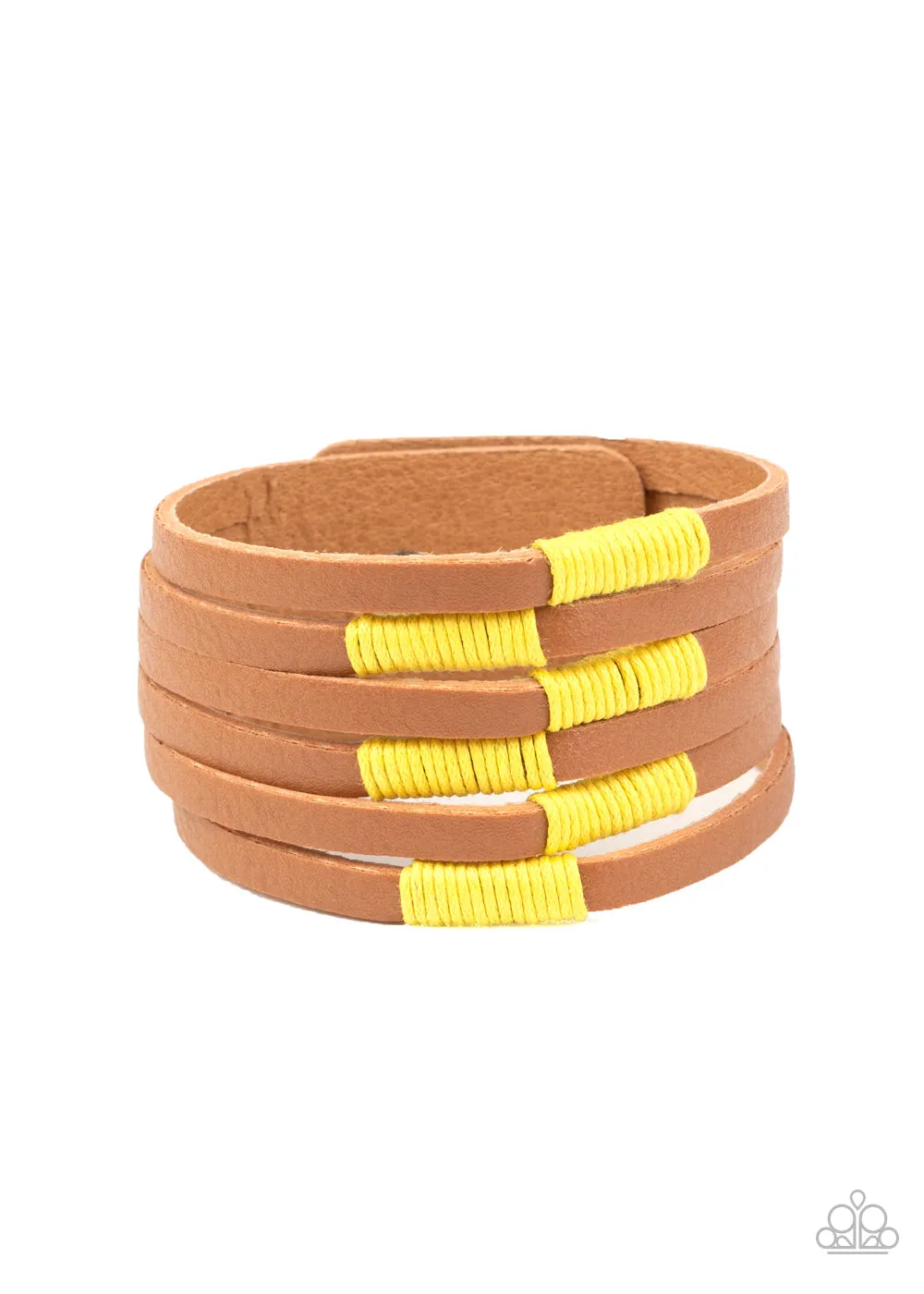 Paparazzi " Country Colors " Brown LEATHER & Encased Yellow Cord Snap Bracelet