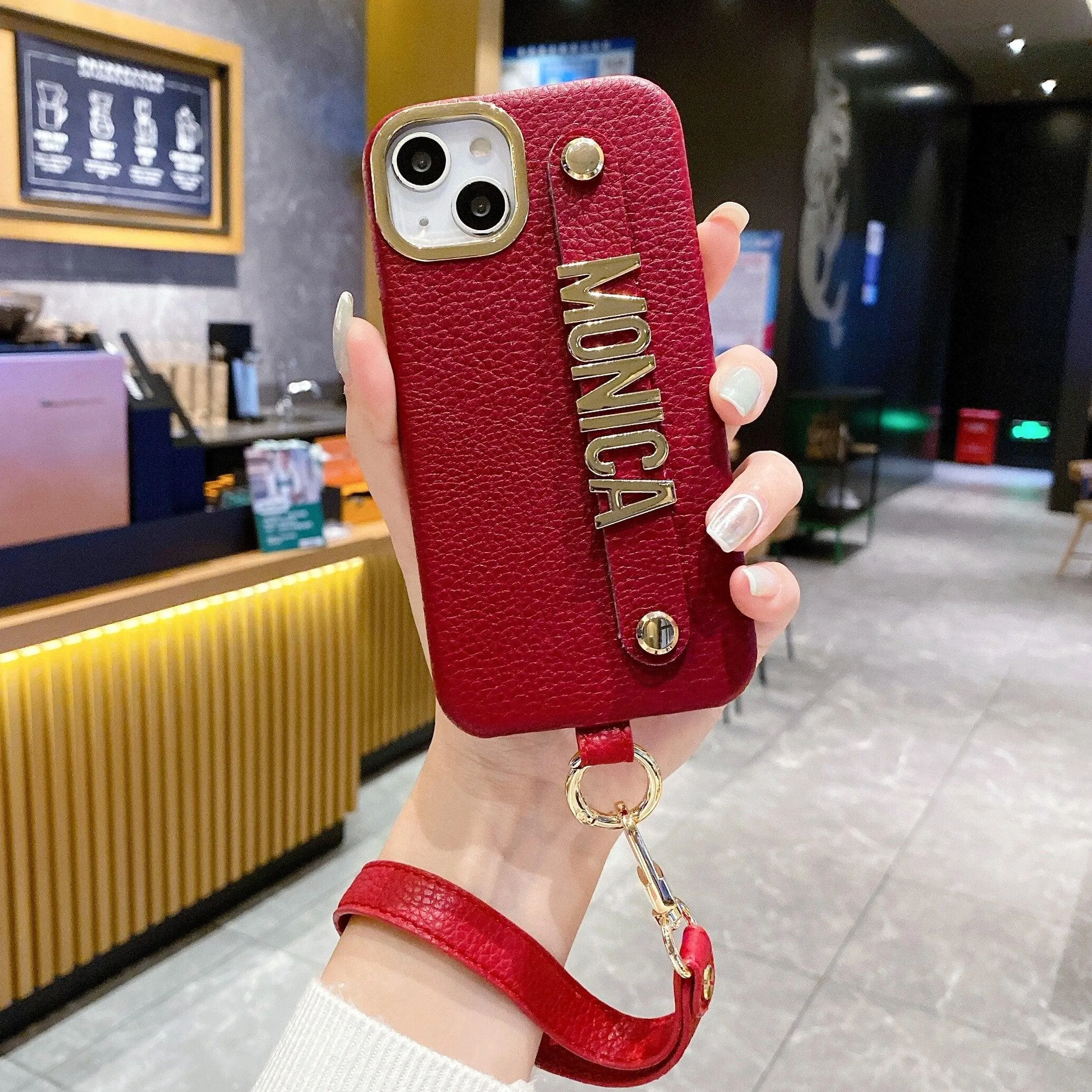 Personalise Name Strap PU Leather Phone Case For iPhone 11 12 13 14 Pro Max Plus Lanyard Diamond Metal Letter Monogram Cover