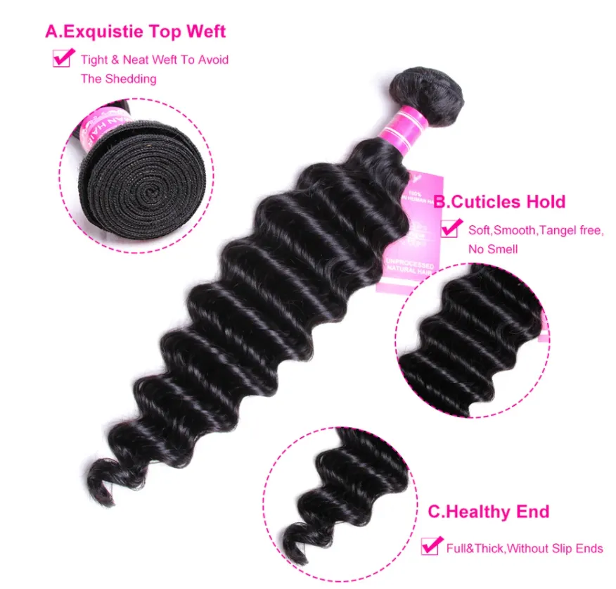 Peruvian Deep Wave Bundles With 4×4 Closure 10A Grade 100% Human Remy Hair MYLOCKME