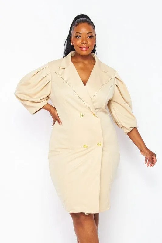 PLUS SIZE 3/4 PUFF SLEEVE BUTTON CLOSURE WRAP MINI DRESS