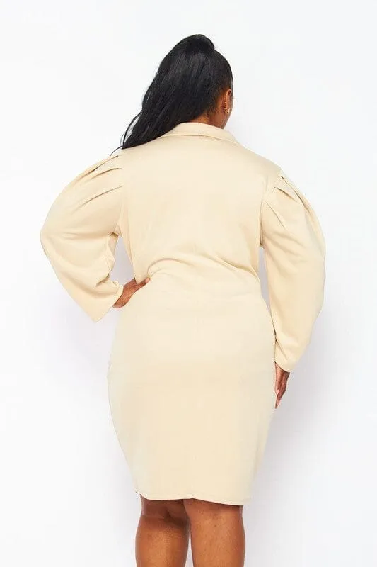 PLUS SIZE 3/4 PUFF SLEEVE BUTTON CLOSURE WRAP MINI DRESS