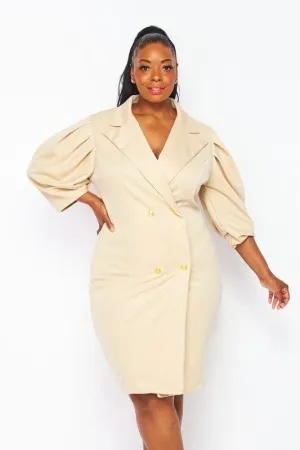 PLUS SIZE 3/4 PUFF SLEEVE BUTTON CLOSURE WRAP MINI DRESS