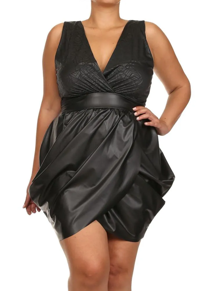 Plus Size Geometric Print Leather Black Bubble Dress