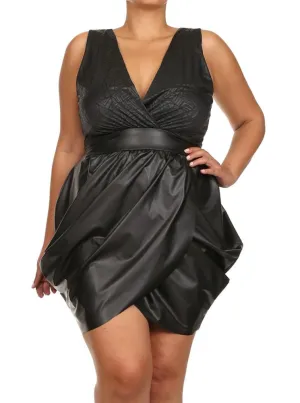 Plus Size Geometric Print Leather Black Bubble Dress