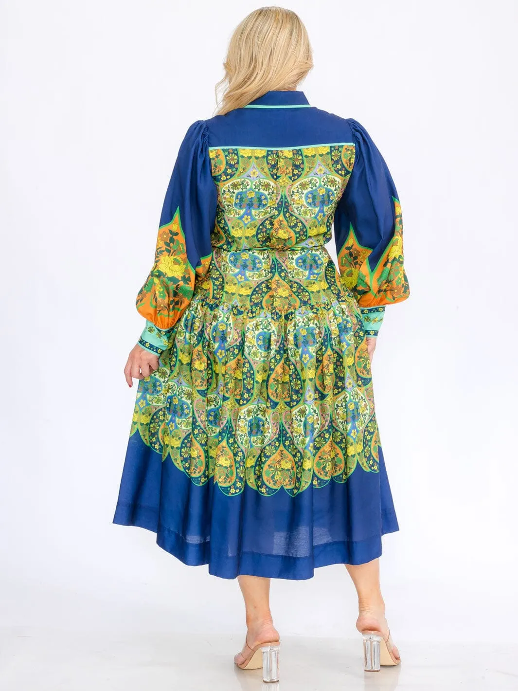 PLUS SIZE LONG PUFF SLEEVES COLORBLOCK BUTTON UP FLORAL MAXI DRESS