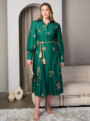 PLUS SIZE LONG SLEEVE BUTTON UP MULTI PRINT SELF TIE MIDI DRESS