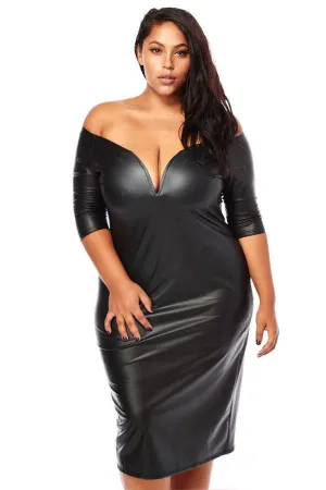Plus Size Sexy Plunging Shoulder Leather Dress