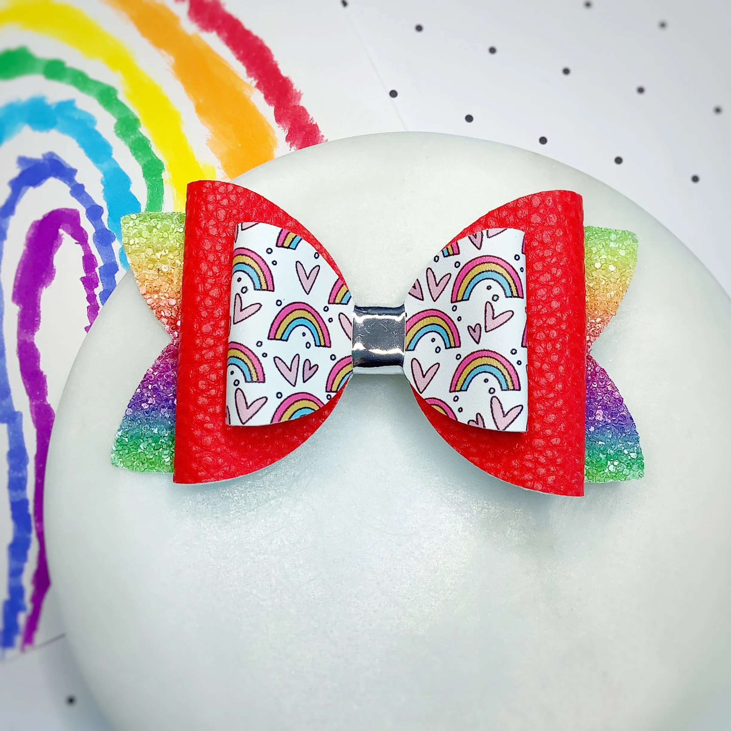Primary Rainbow Faux Leather Bow
