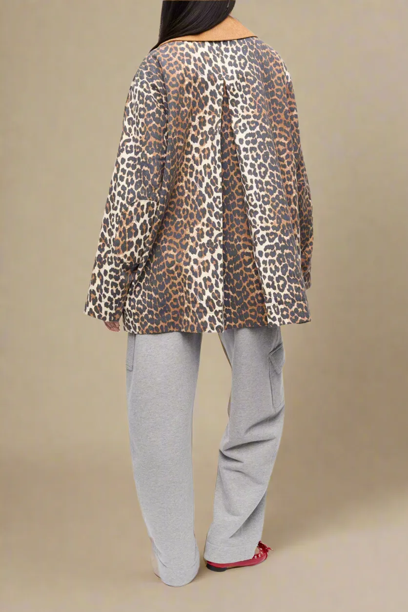 Printed Canvas Midi Leopard Jacket