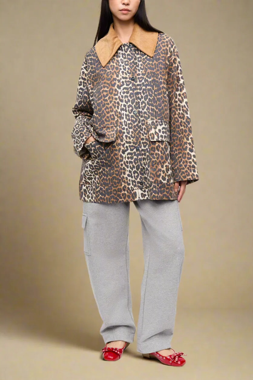 Printed Canvas Midi Leopard Jacket