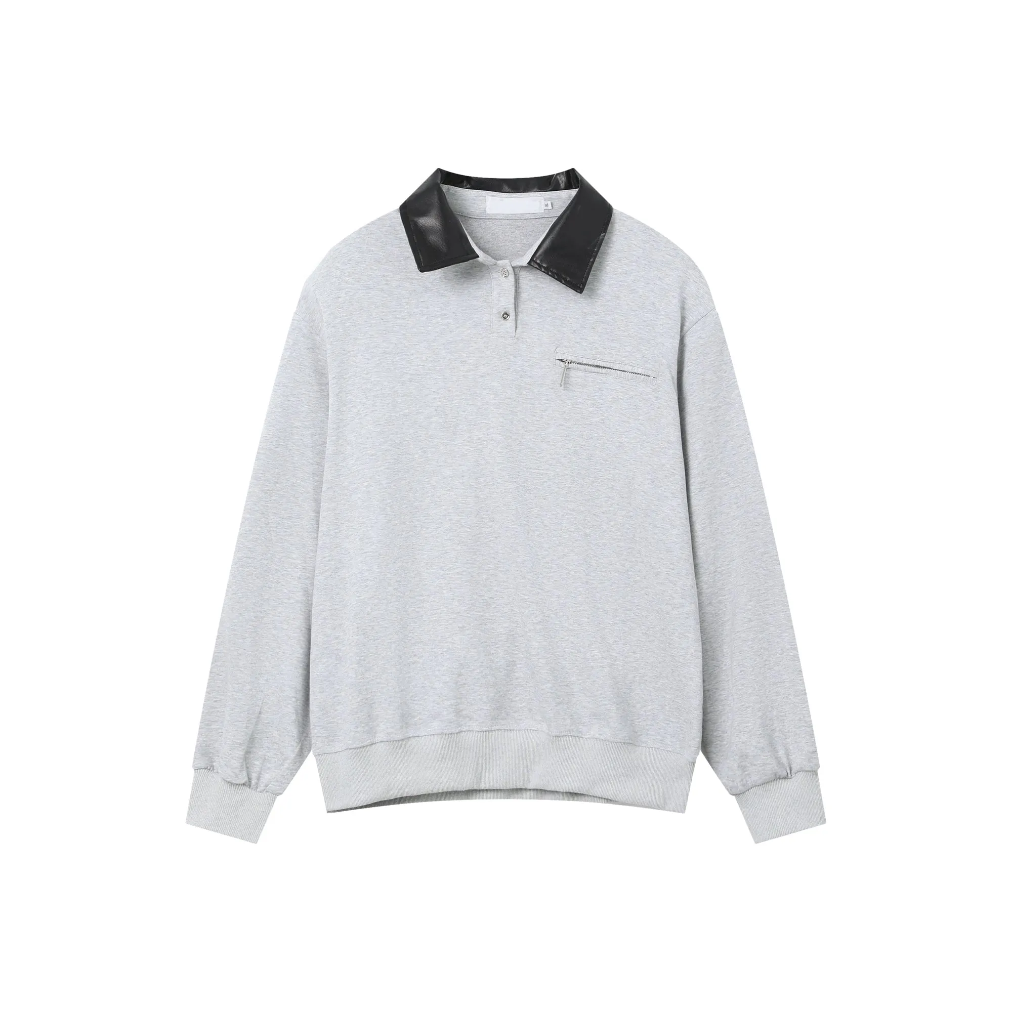 PU Leather Lapel Polo Sweatshirt