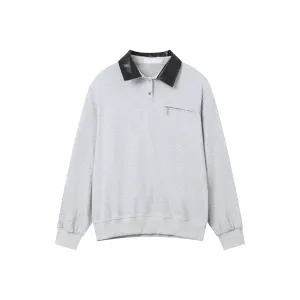 PU Leather Lapel Polo Sweatshirt