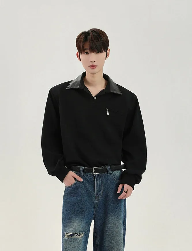 PU Leather Lapel Polo Sweatshirt