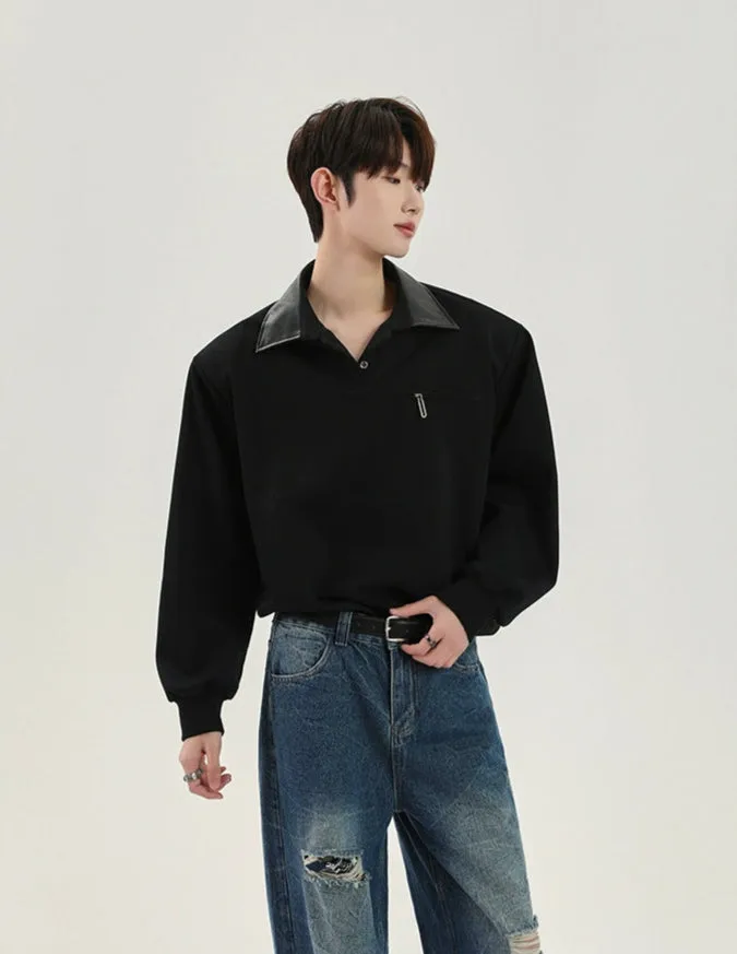 PU Leather Lapel Polo Sweatshirt