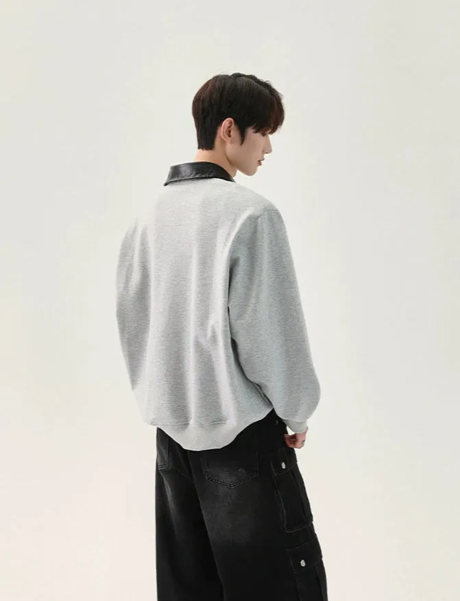 PU Leather Lapel Polo Sweatshirt