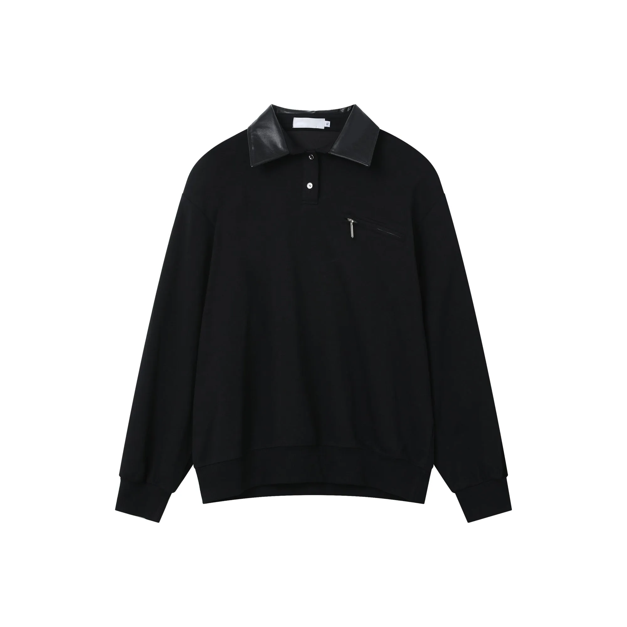 PU Leather Lapel Polo Sweatshirt