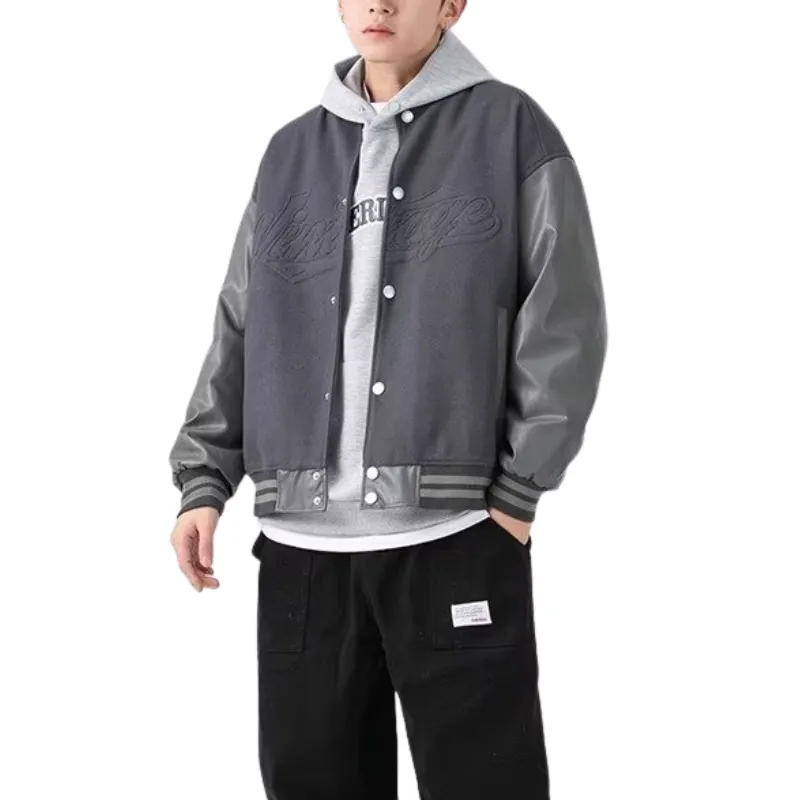 PU Patchwork Letter Leather Jacket