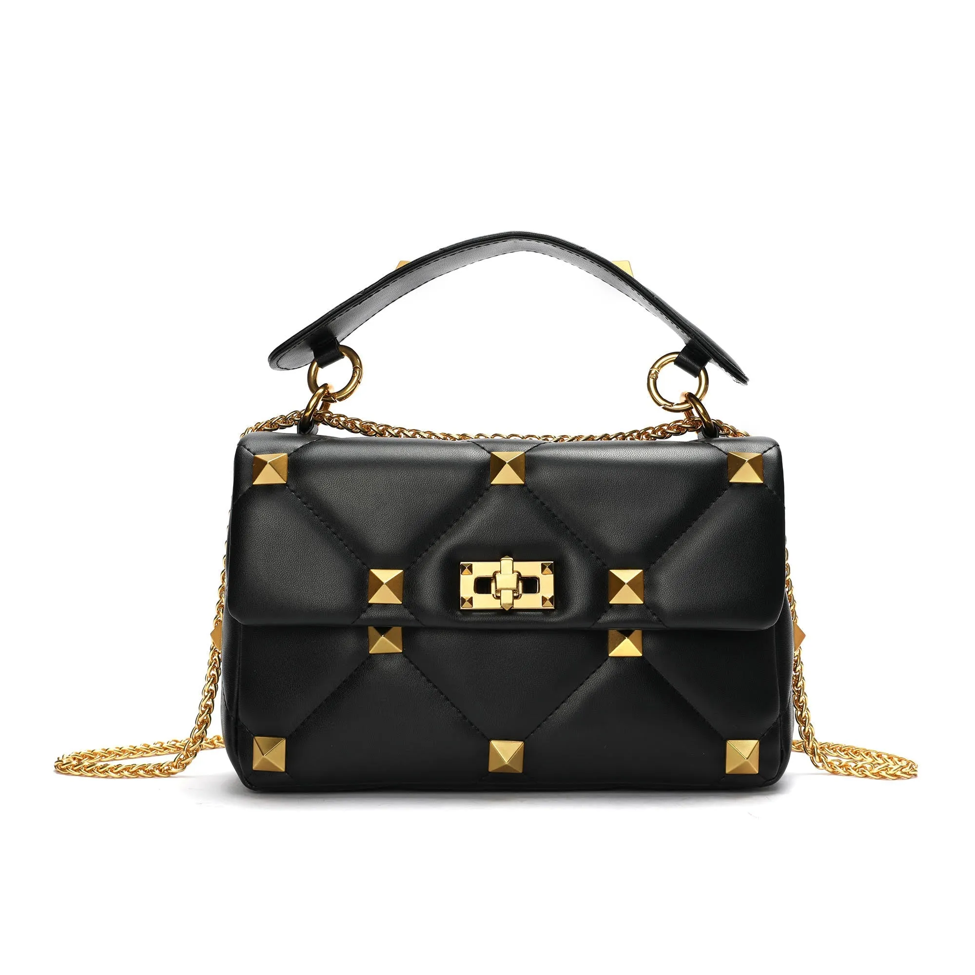 Quilted and Studded Sheepskin Leather Shoulder Bag