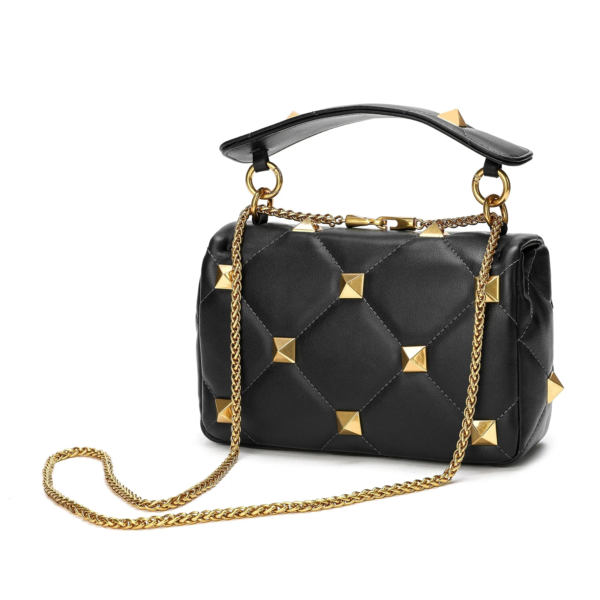 Quilted and Studded Sheepskin Leather Shoulder Bag