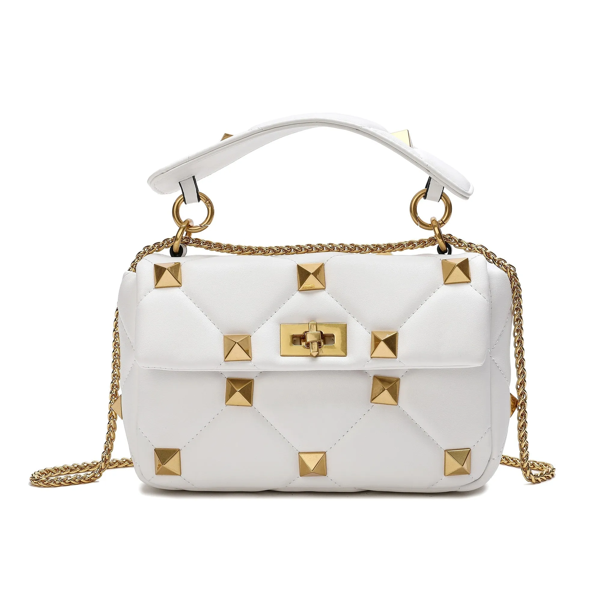 Quilted and Studded Sheepskin Leather Shoulder Bag