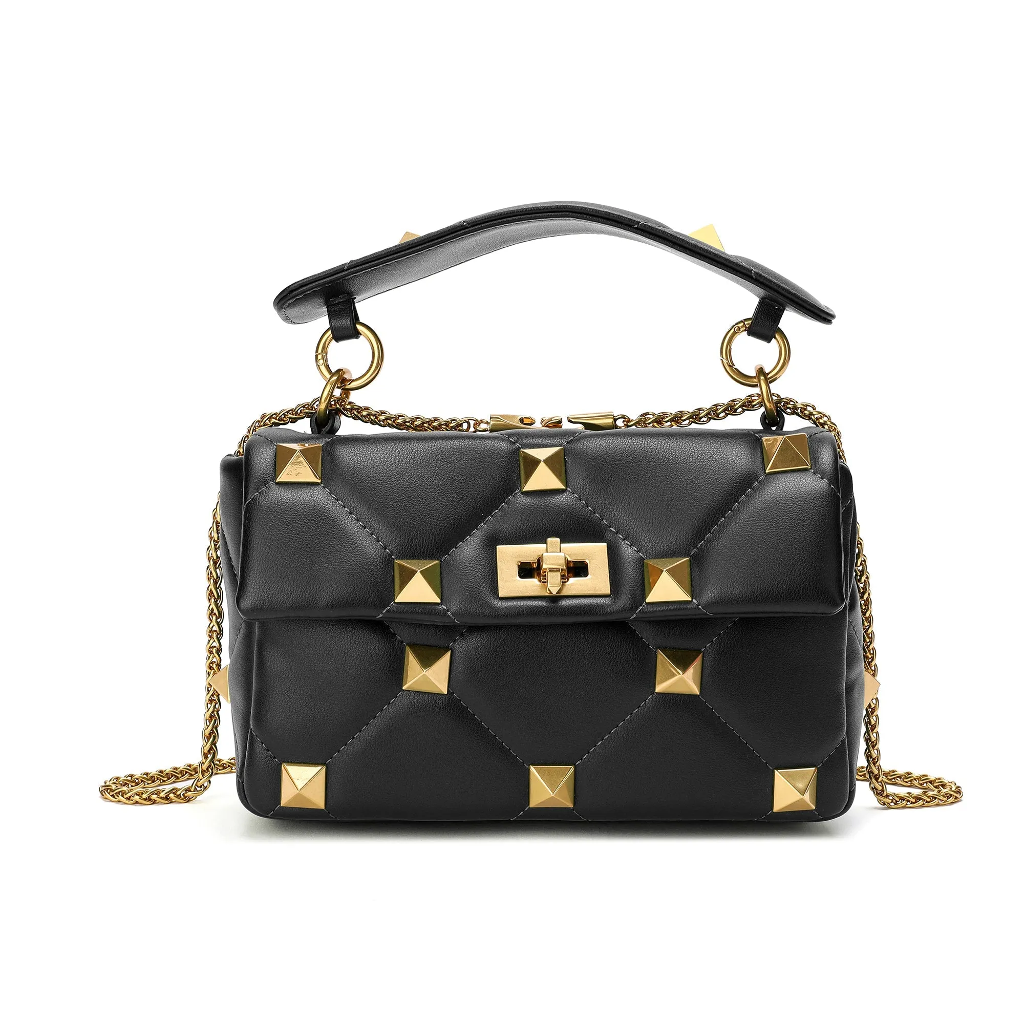 Quilted and Studded Sheepskin Leather Shoulder Bag