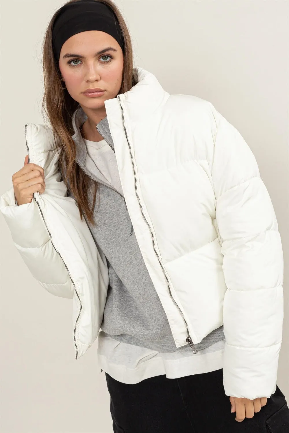 Quilted Back Drawstring Puffer Jacket Cream Color