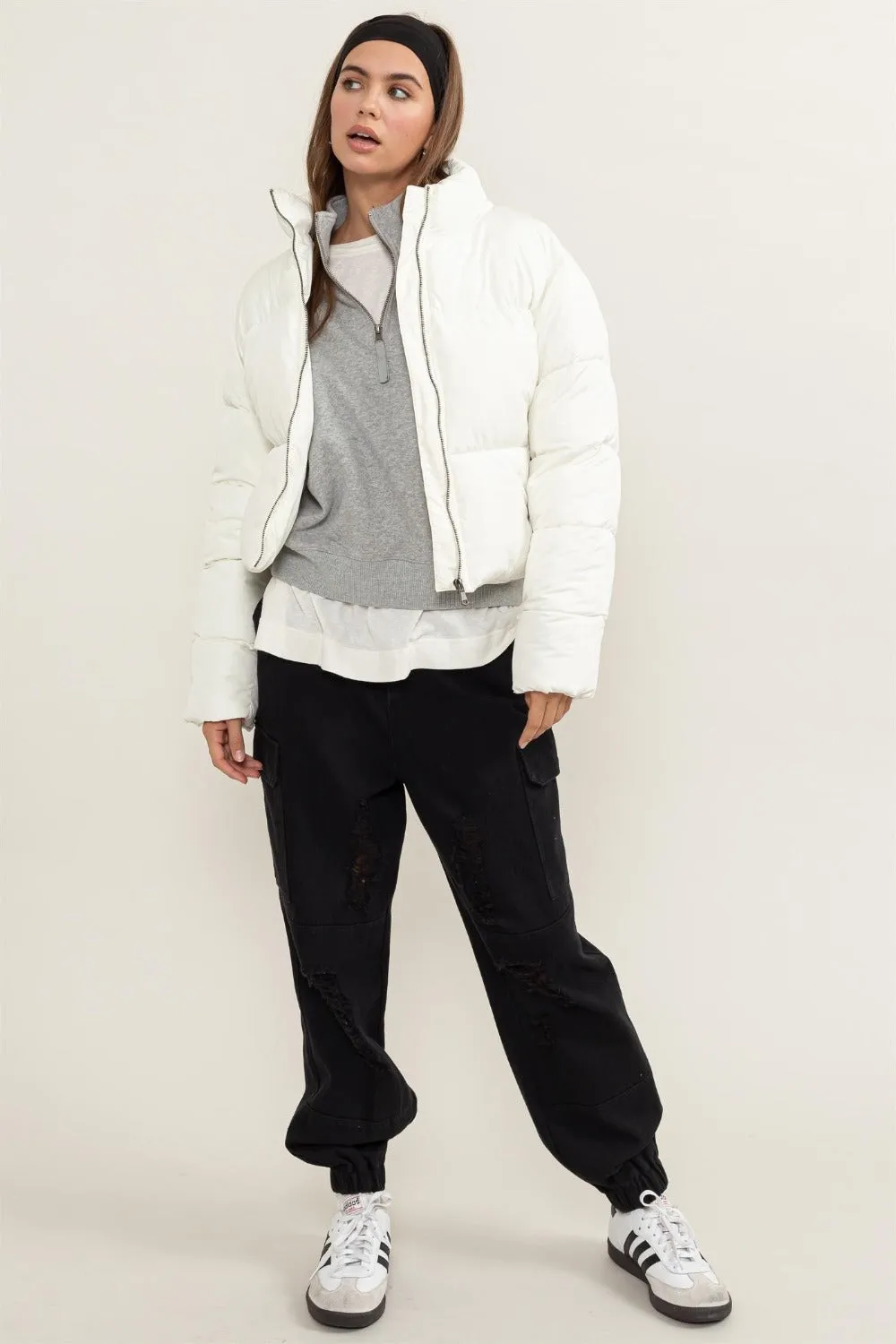 Quilted Back Drawstring Puffer Jacket Cream Color