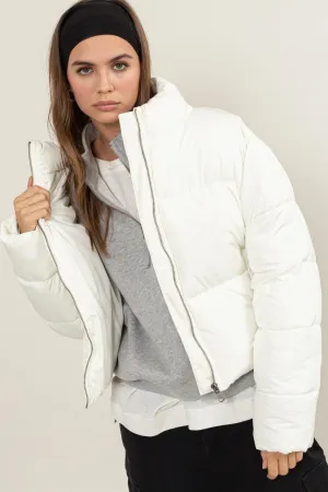 Quilted Back Drawstring Puffer Jacket Cream Color