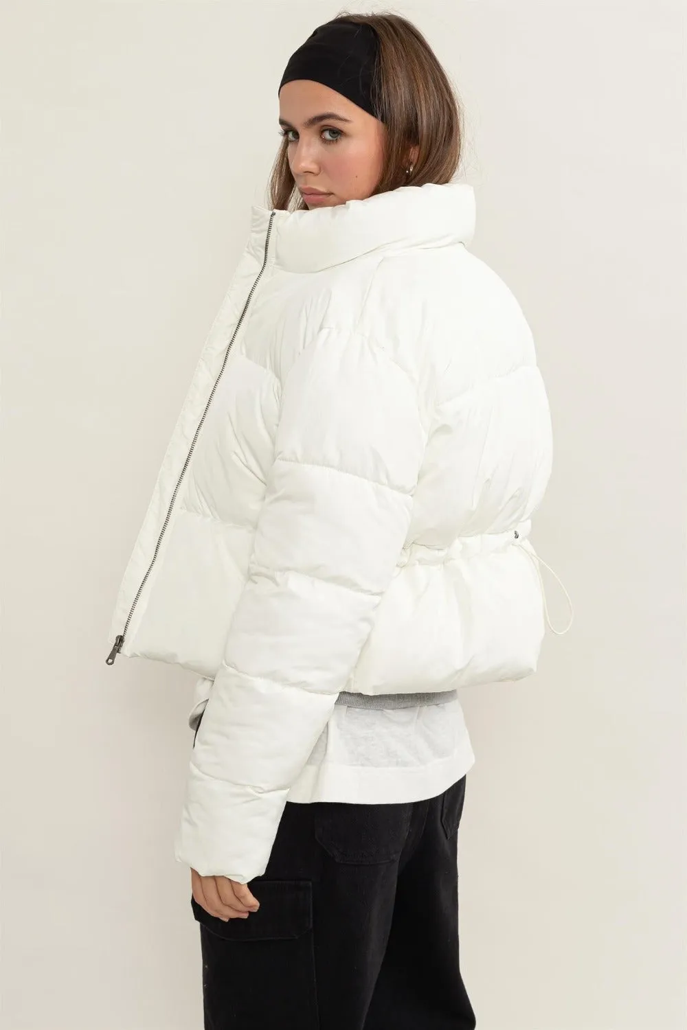 Quilted Back Drawstring Puffer Jacket Cream Color
