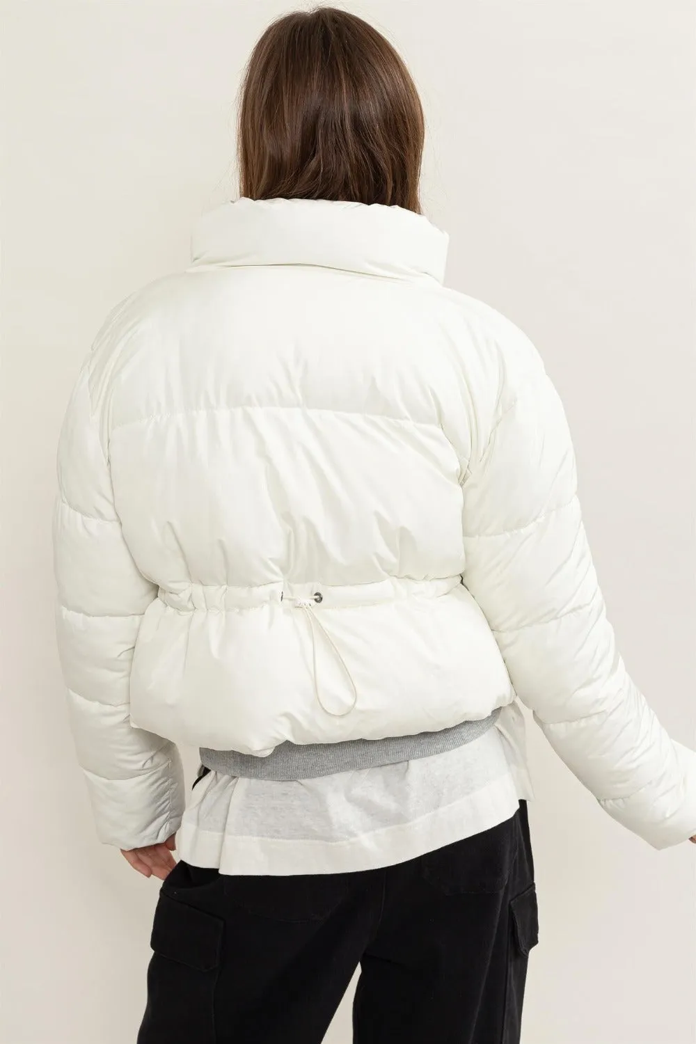Quilted Back Drawstring Puffer Jacket Cream Color