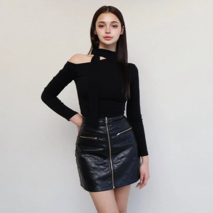 Quilted zipped leather miniskirt