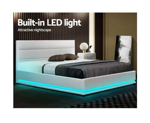 RGB LED Bed Frame Gas Lift Base Storage White Leather LUMI