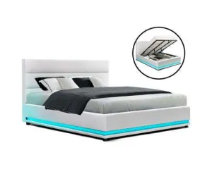 RGB LED Bed Frame Gas Lift Base Storage White Leather LUMI