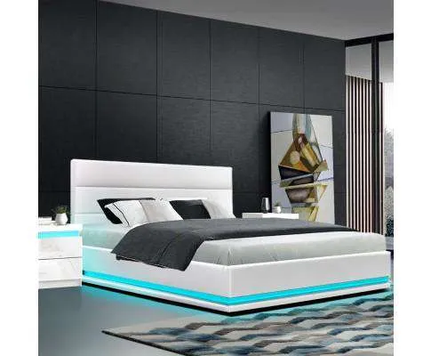 RGB LED Bed Frame Gas Lift Base Storage White Leather LUMI