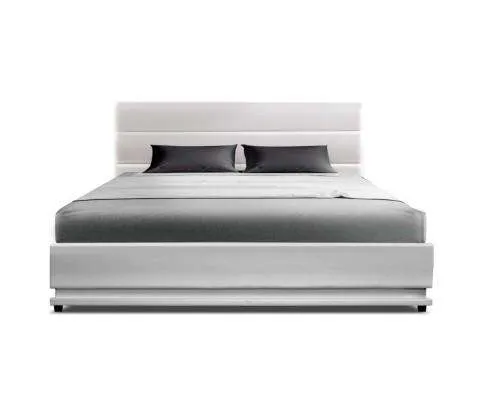 RGB LED Bed Frame Gas Lift Base Storage White Leather LUMI