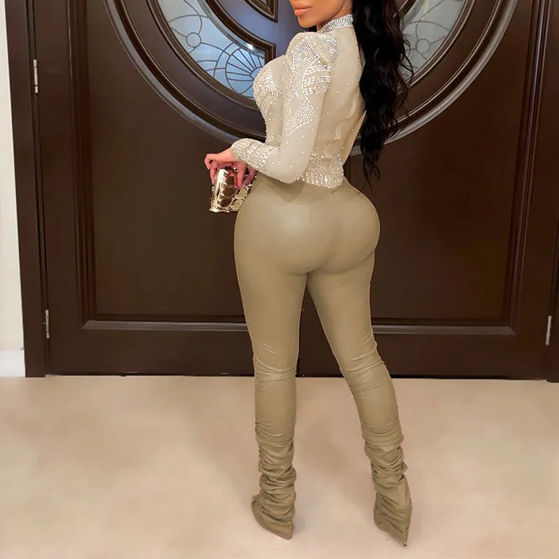 Rhinestone Long Sleeve PU Leather Stacked Jumpsuit