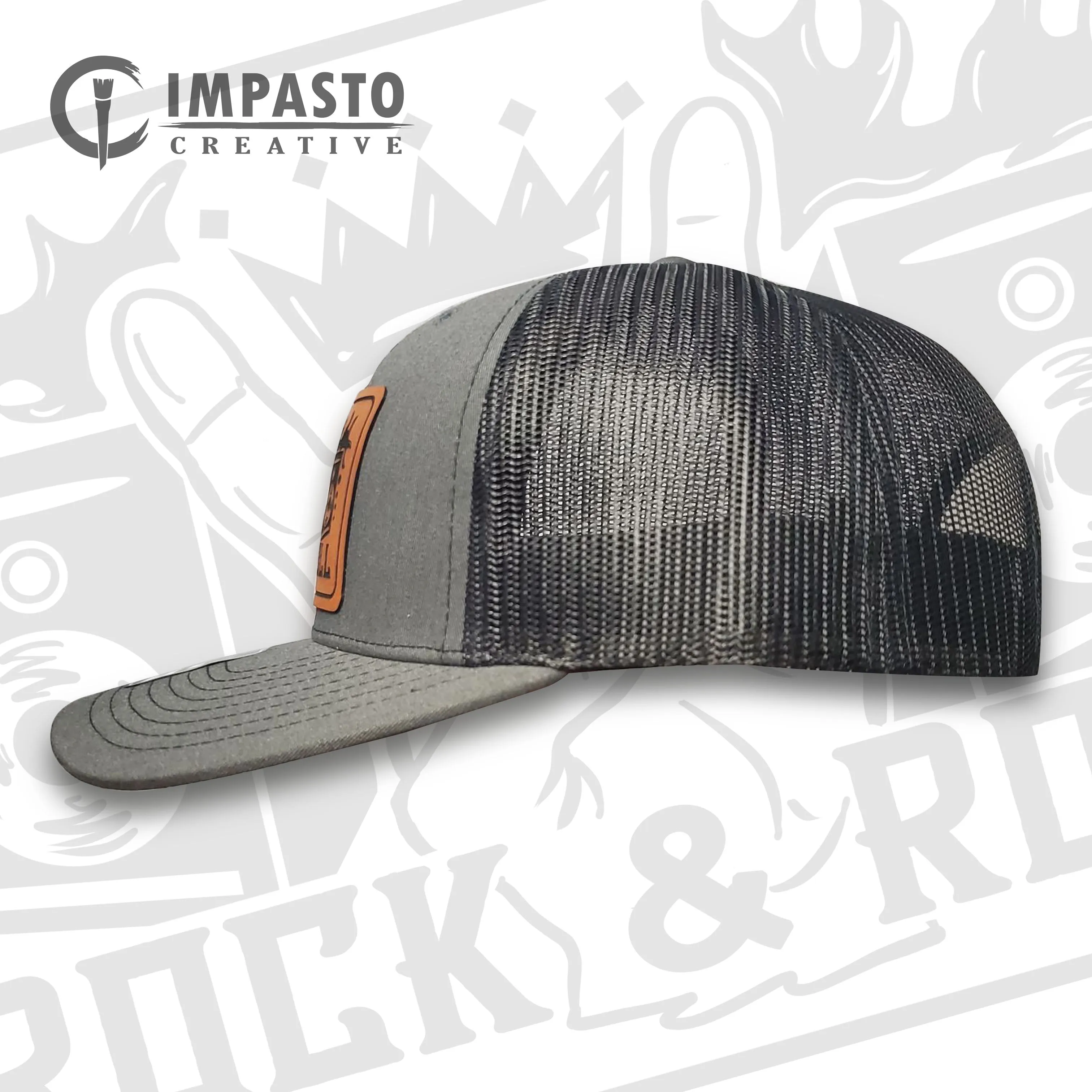 Rock and Roll Design Leather patch hat, cool hat, dark gray and black trucker hat, unisex hat, gift, music band mens or womens unique hat