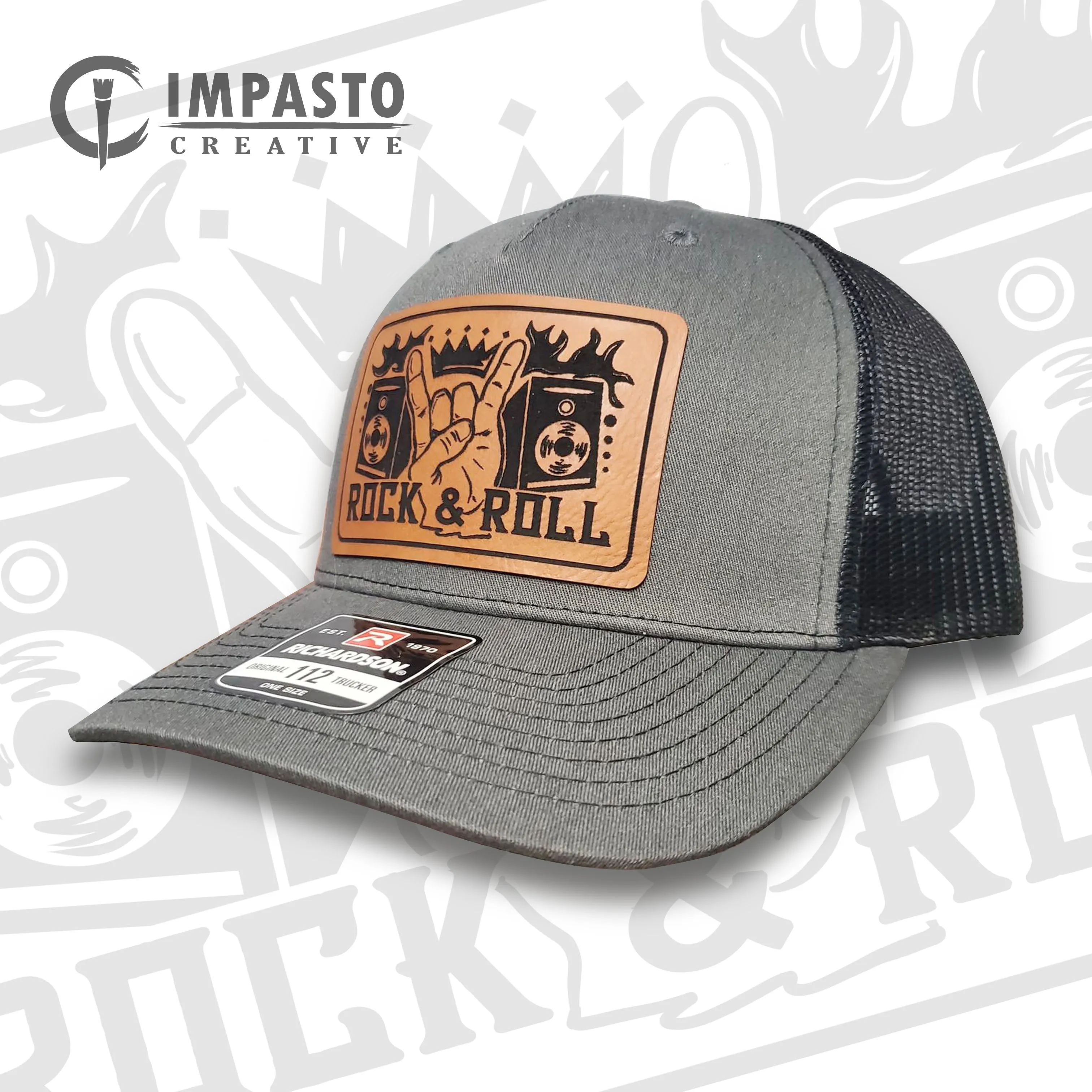 Rock and Roll Design Leather patch hat, cool hat, dark gray and black trucker hat, unisex hat, gift, music band mens or womens unique hat