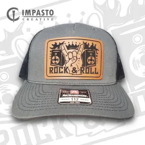 Rock and Roll Design Leather patch hat, cool hat, dark gray and black trucker hat, unisex hat, gift, music band mens or womens unique hat