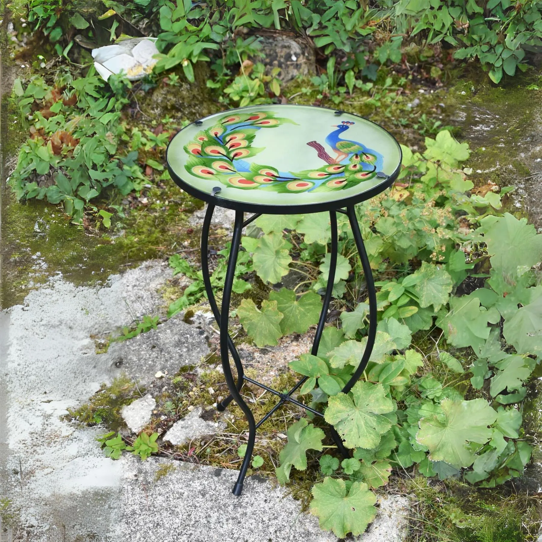 Round Side Mosaic Table With Peacock Design