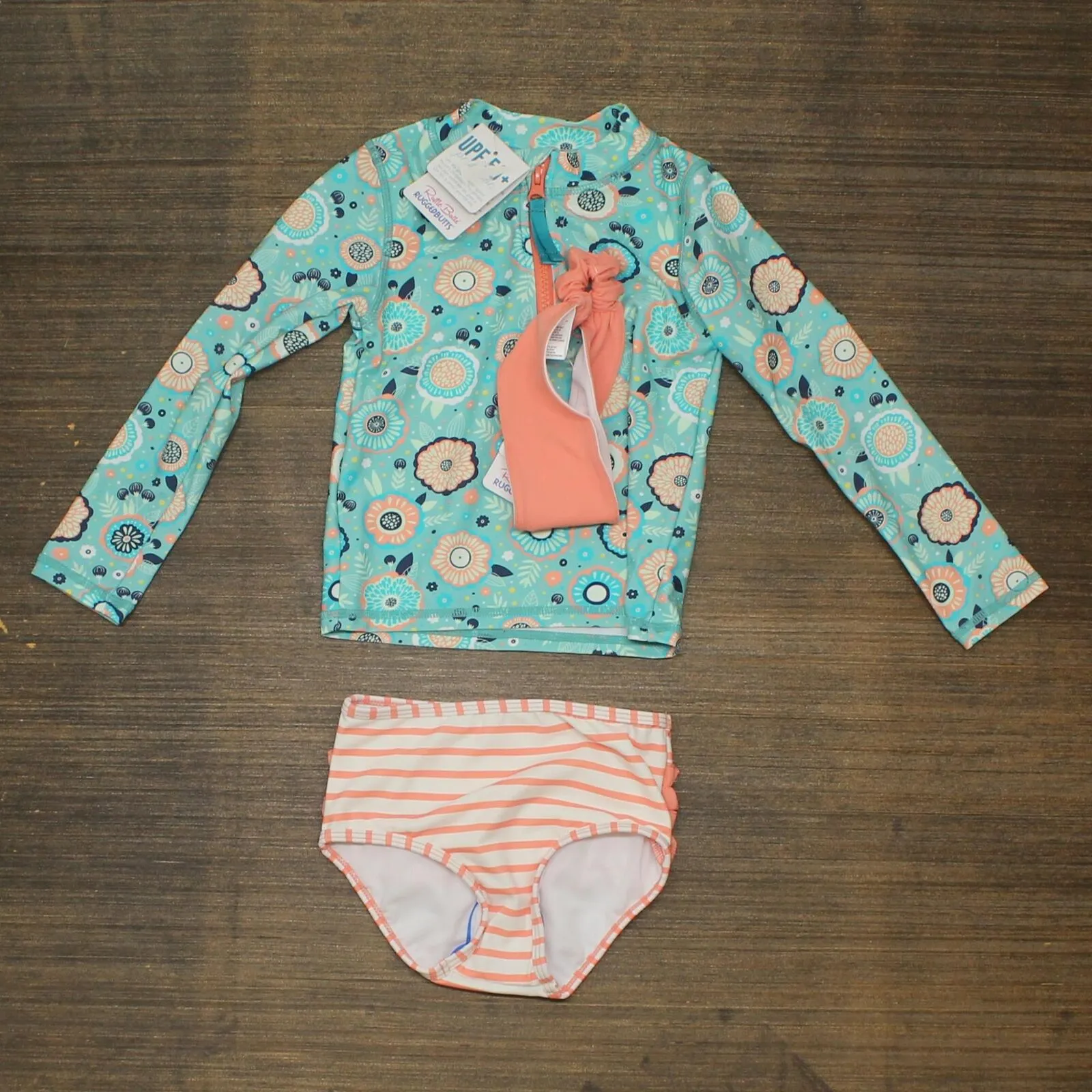 RuffleButts Girl's Island Dream Two-Piece Rashguard Swimsuit & Head Wrap Set
