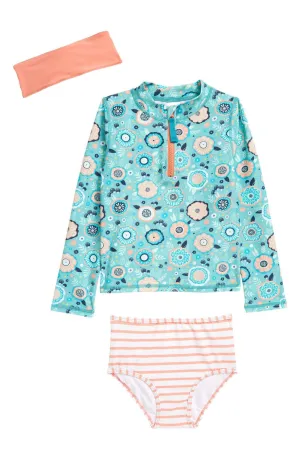 RuffleButts Girl's Island Dream Two-Piece Rashguard Swimsuit & Head Wrap Set