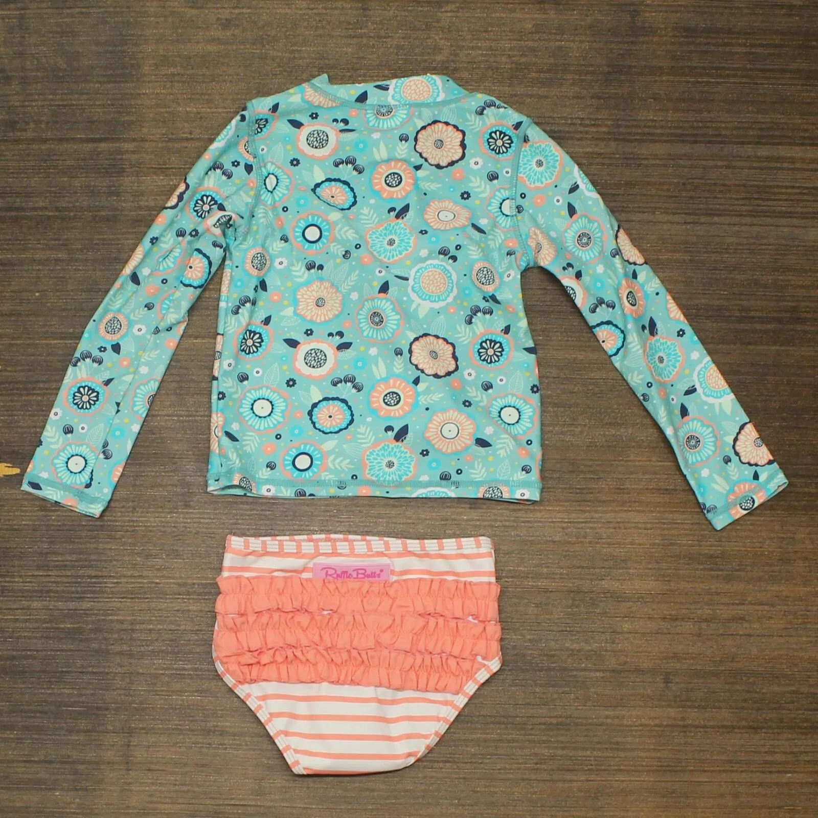 RuffleButts Girl's Island Dream Two-Piece Rashguard Swimsuit & Head Wrap Set
