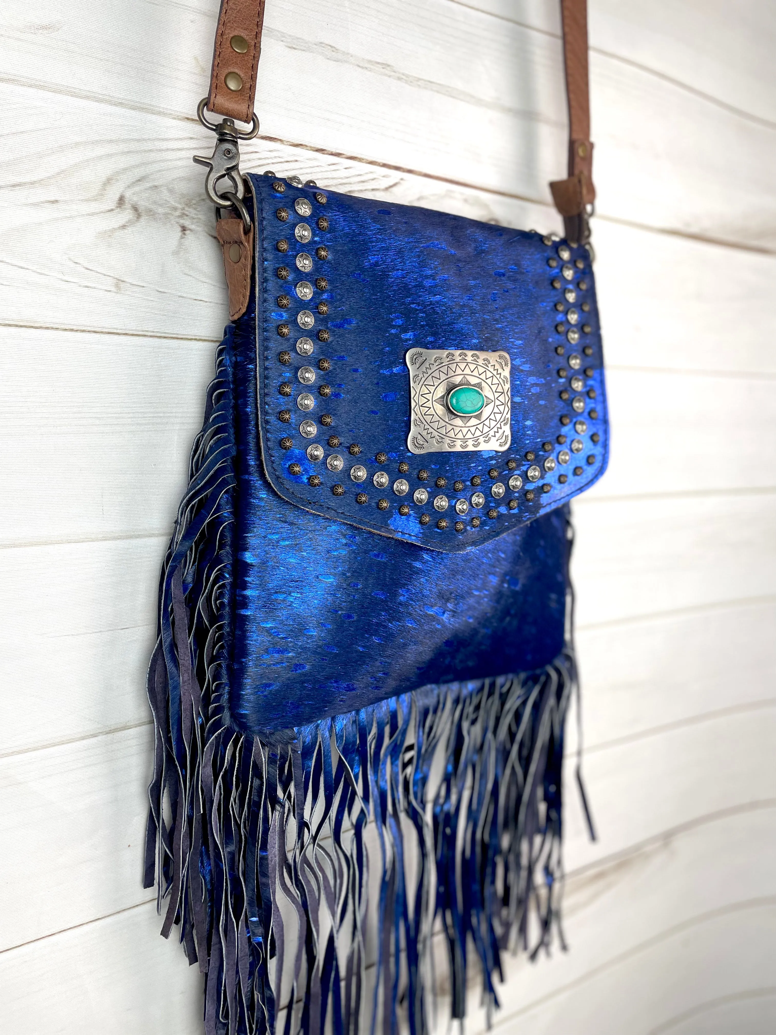 SALE! Vegas Blue Cowhide Crossbody Handbag