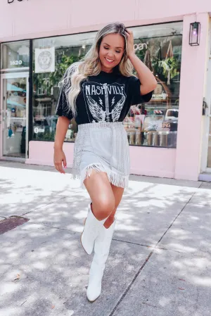 Sassy Sheer Glitter Fringe Skirt - White