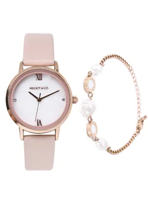 Shireen Rose Gold Leather Watch with Bracelet Set  (Pink)