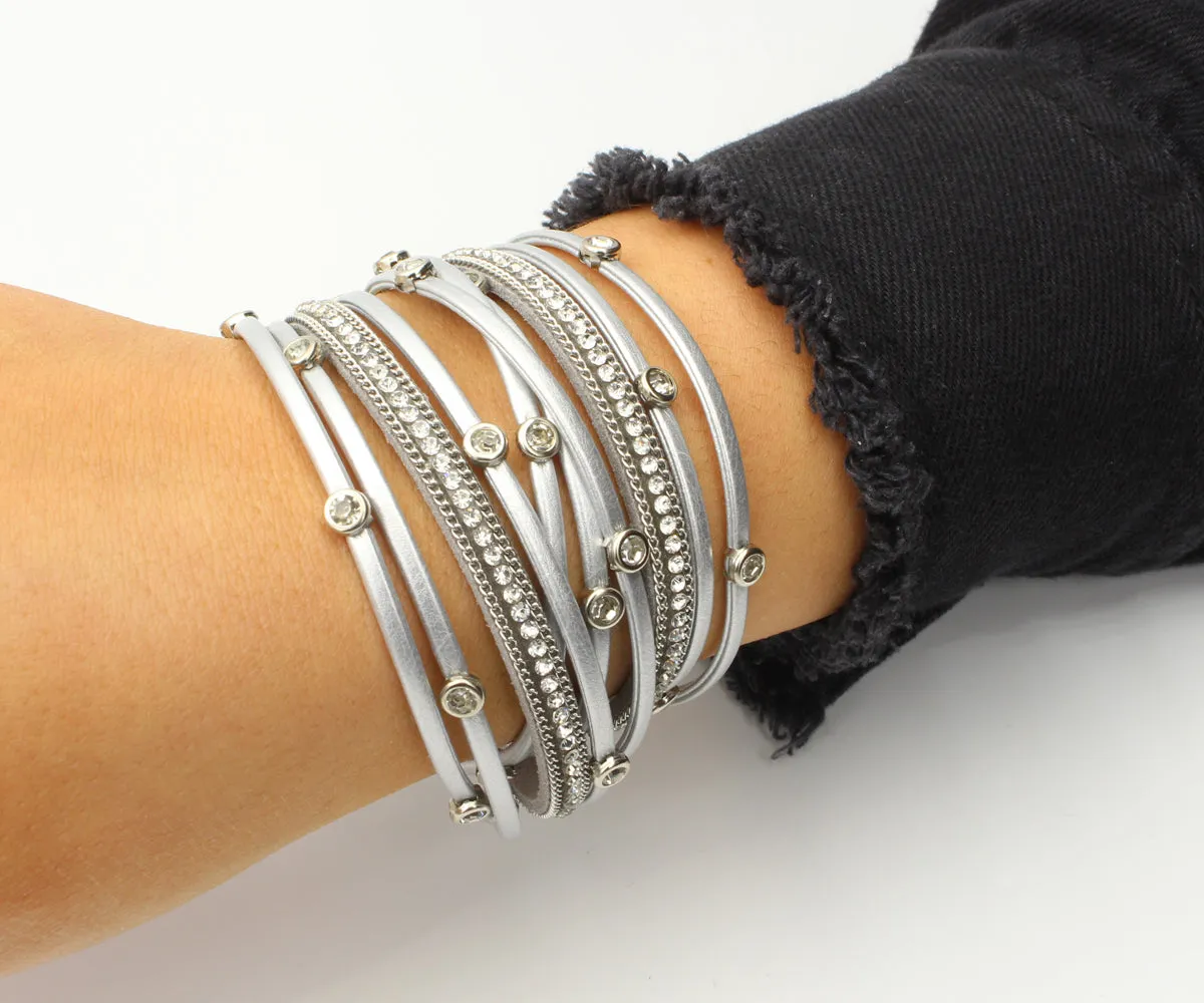 Silver Bezel Rhinestone Double Wrap Bracelet
