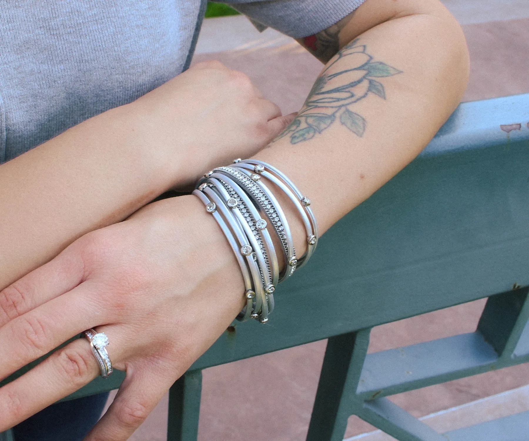 Silver Bezel Rhinestone Double Wrap Bracelet