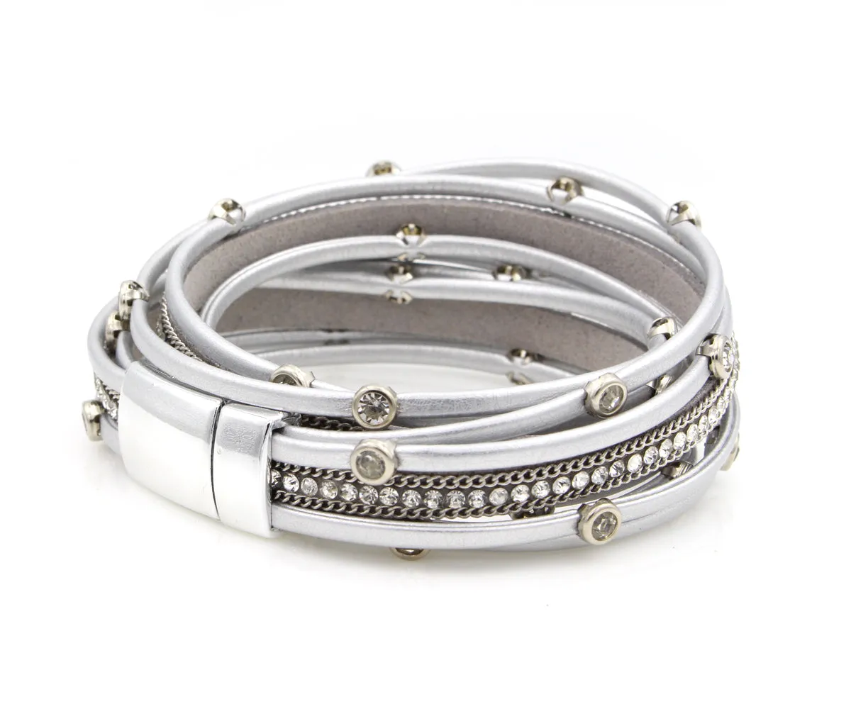 Silver Bezel Rhinestone Double Wrap Bracelet