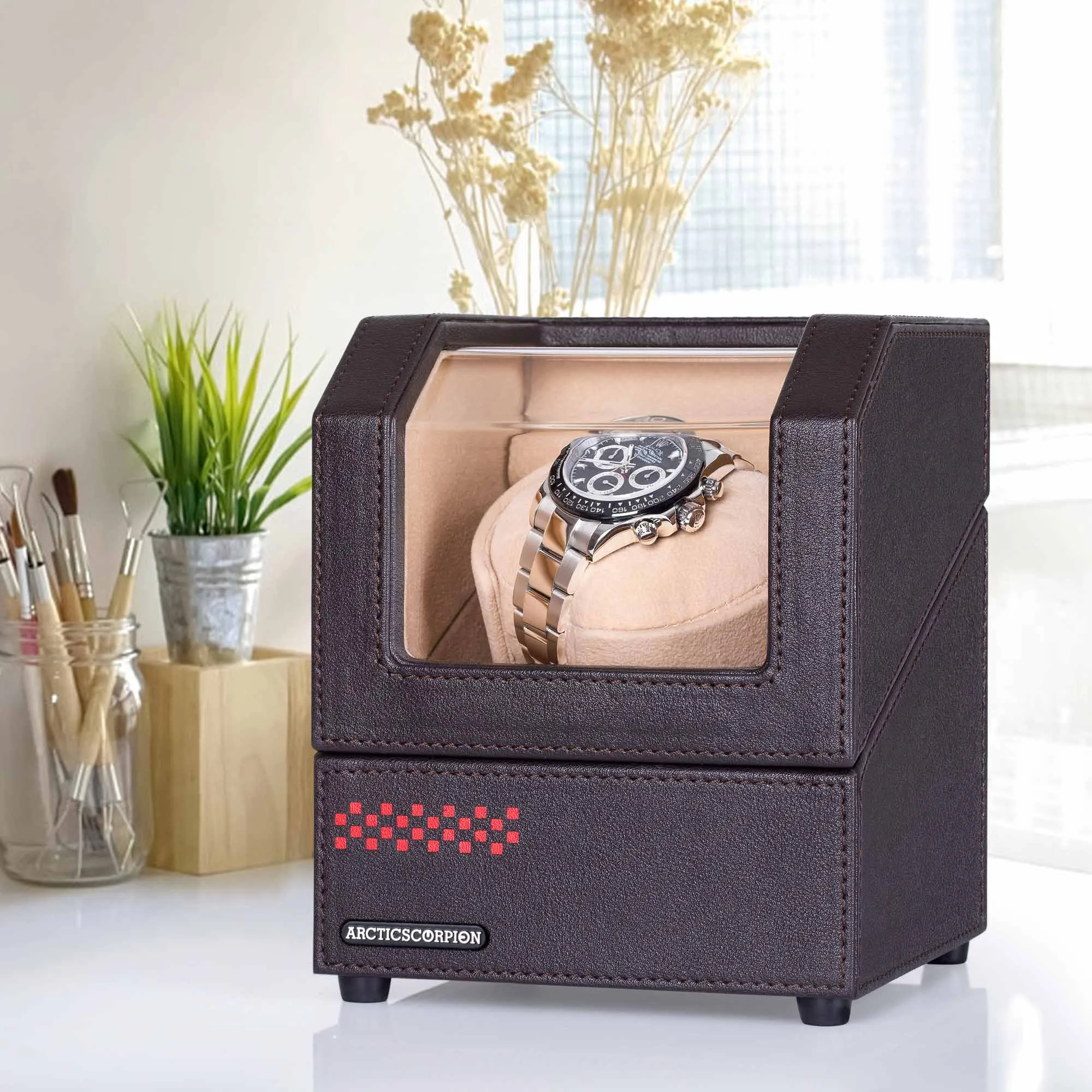 Single Watch Winder Brown Leather, ARCTICSCORPION